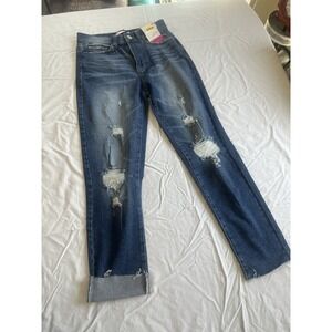 SO High‎ Rise Mom Denim Jeans Women's Size 1/25 Med Wash Distressed Raw Hem NWT